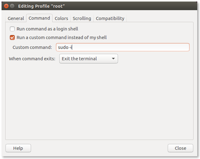 Setting the command in the configuration dialog