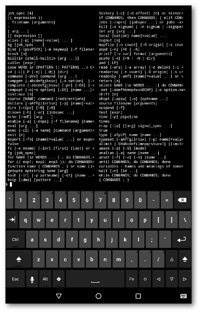 Termux displaying builtin shell commands